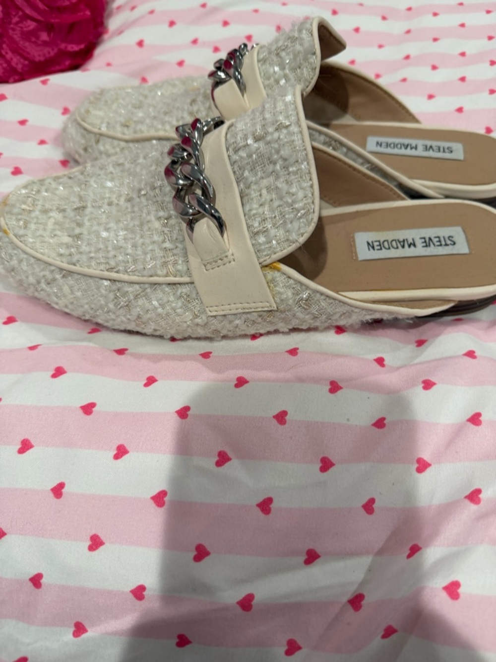 Steve Madden Cream Tweed Chain-Trim Mules - Picture 4 of 5